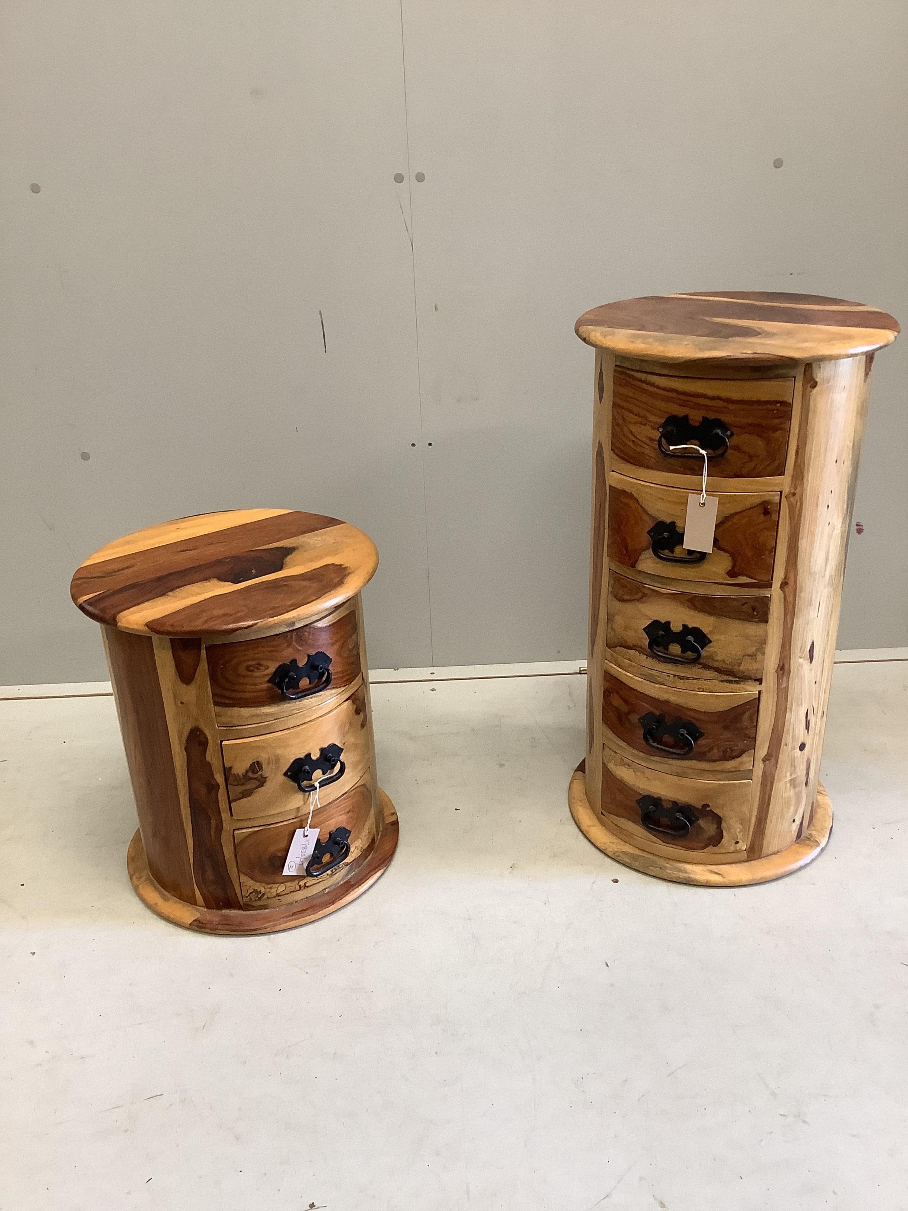 Two modern hardwood cylindrical chests of drawers, larger diameter 40cm, height 75cm